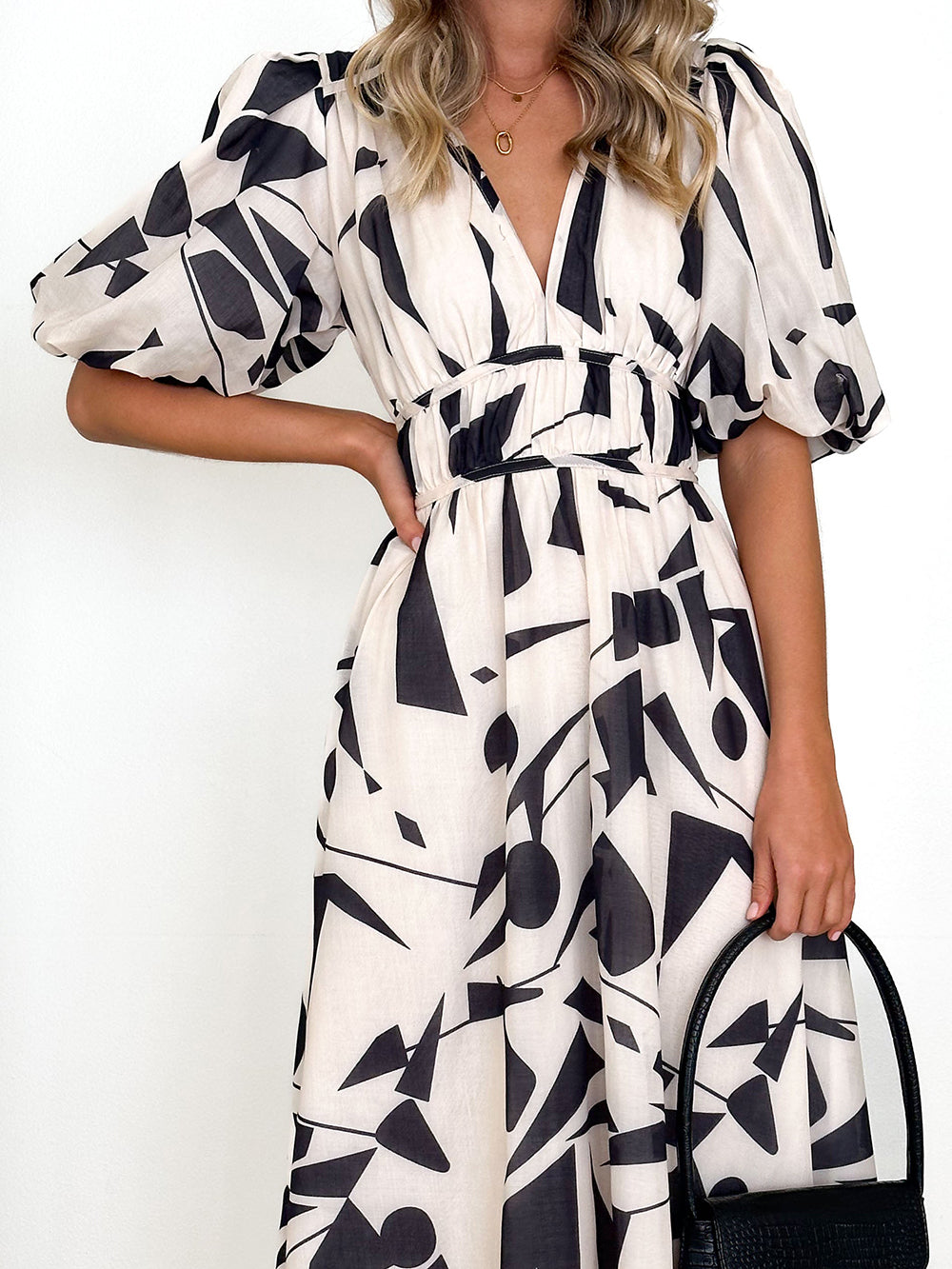 Sakura Midi Dress - Beige Geo - Seldom Seen Styles