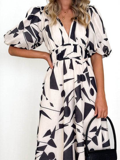 Sakura Midi Dress - Beige Geo - Seldom Seen Styles