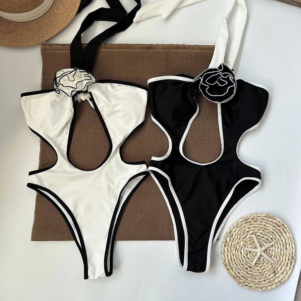 Women Ruffles Flounce One Piece Swimsuit Sexy Deep V Neck Plunge Bathing Suit Monokini with Belt - Seldom Seen Styles