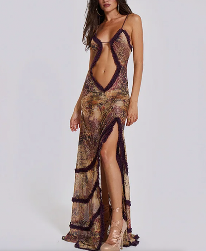 BRIT Y2K RUFFLE MAXI CUTOUT DRESS - Seldom Seen Styles