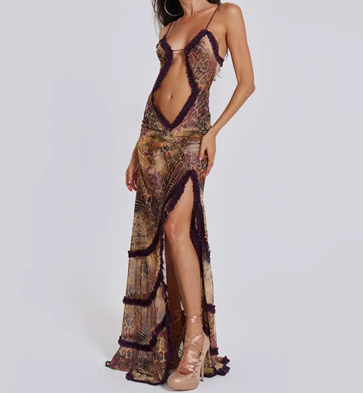 BRIT Y2K RUFFLE MAXI CUTOUT DRESS - Seldom Seen Styles