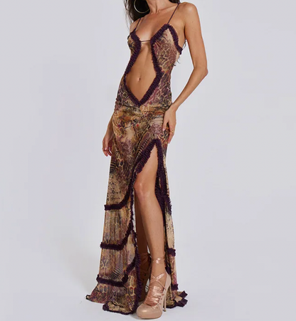 BRIT Y2K RUFFLE MAXI CUTOUT DRESS - Seldom Seen Styles