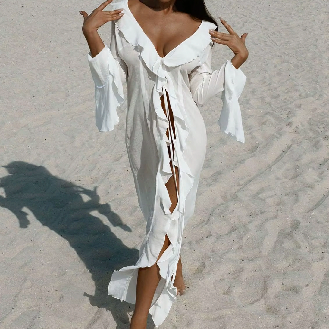 JOHAN RUFFLE LONG SHEER TOP - Seldom Seen Styles