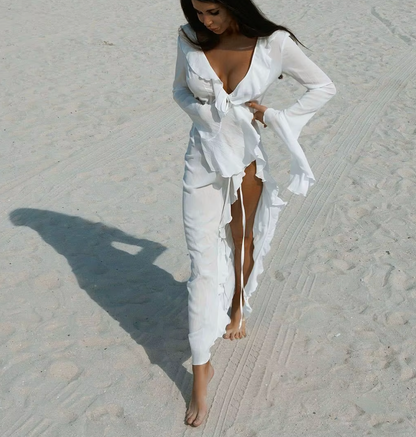 JOHAN RUFFLE LONG SHEER TOP - Seldom Seen Styles