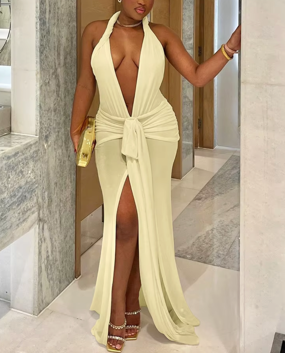 JEWEL PLUNGE NECK MAXI HALTER DRESS - Seldom Seen Styles