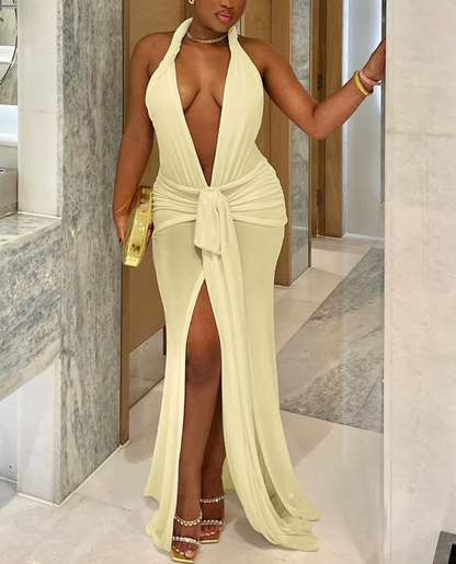 JEWEL PLUNGE NECK MAXI HALTER DRESS - Seldom Seen Styles