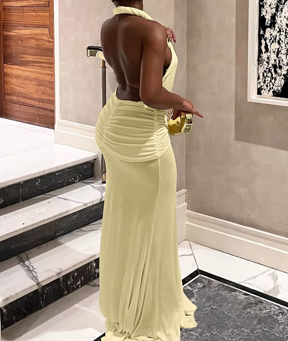 JEWEL PLUNGE NECK MAXI HALTER DRESS - Seldom Seen Styles