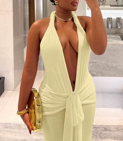 JEWEL PLUNGE NECK MAXI HALTER DRESS - Seldom Seen Styles