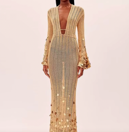 LANIE DEEP V CROCHET SEQUIN DRESS - Seldom Seen Styles