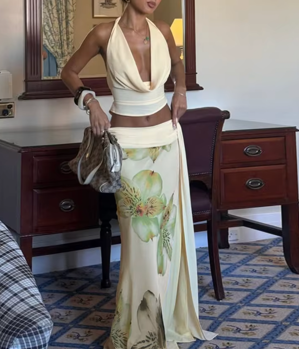 MINA TWO PIECE COWL TOP AND FLORAL SKIRT - Seldom Seen Styles