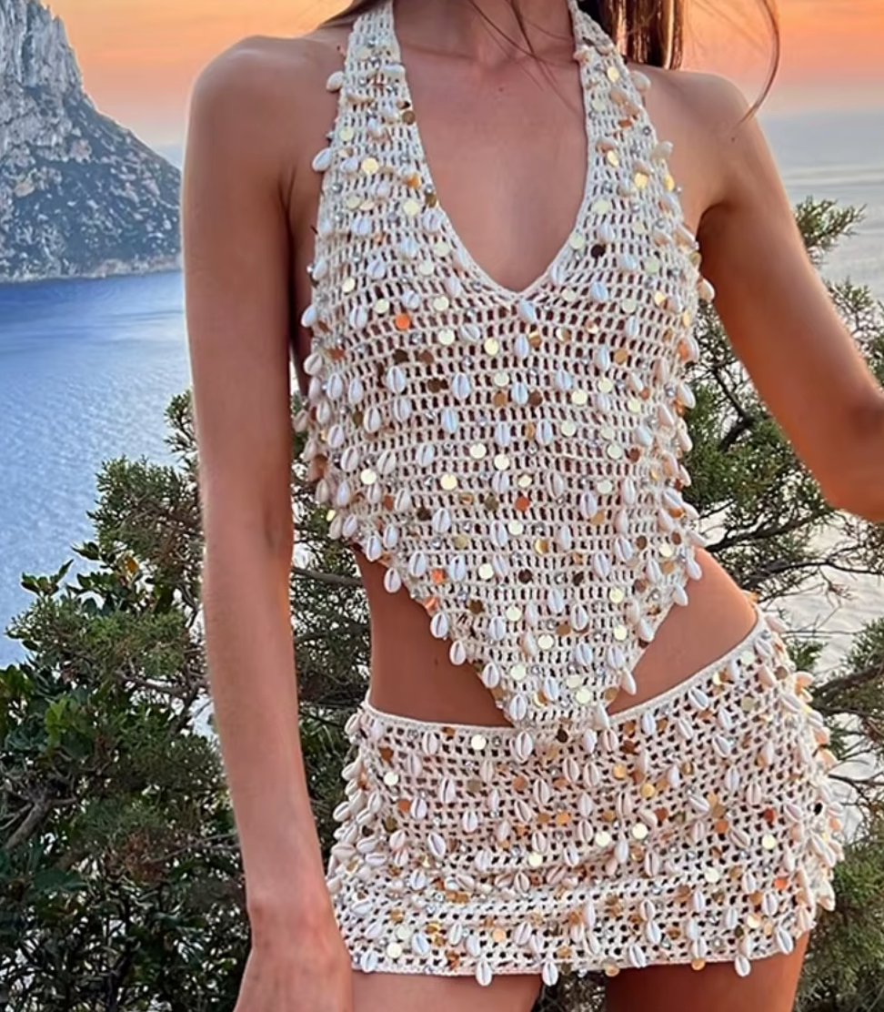 AYAL TWO PC CROCHET SEASHELL SKIRT & TOP - Seldom Seen Styles