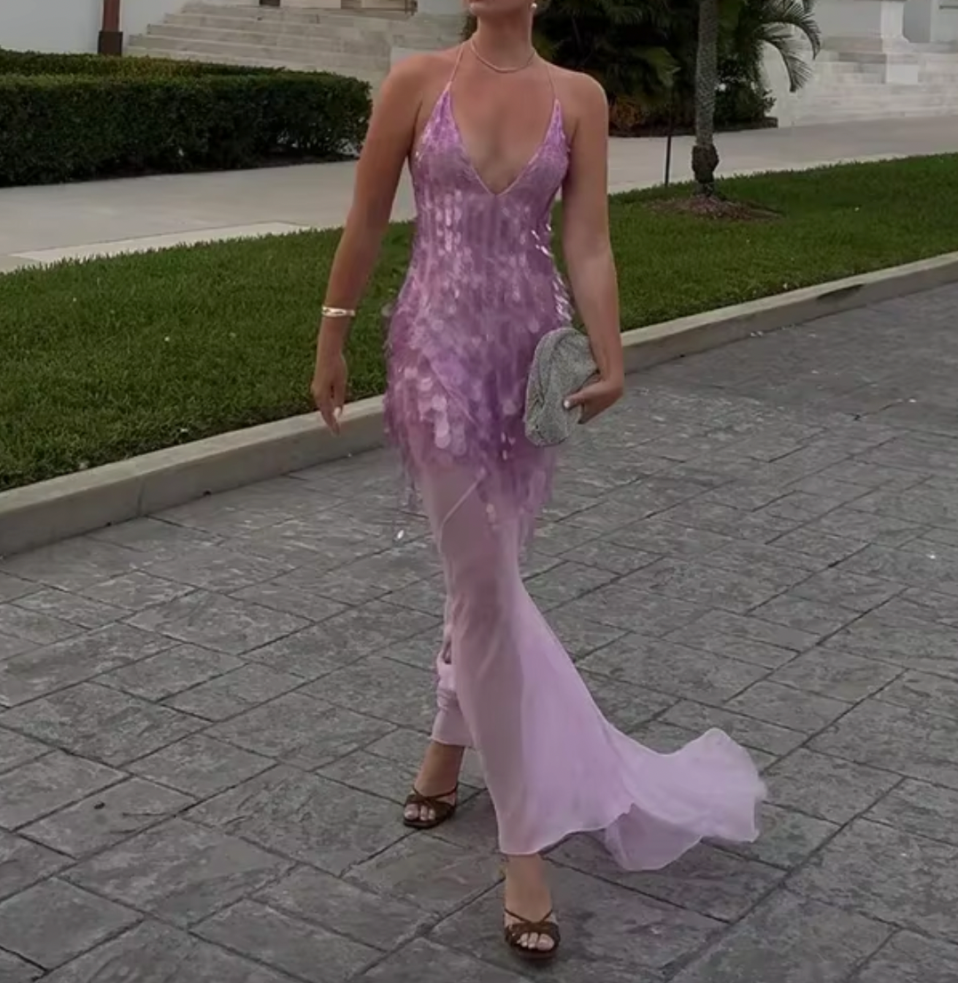 JANA SHEER SEQUIN V NECK DRESS - Seldom Seen Styles