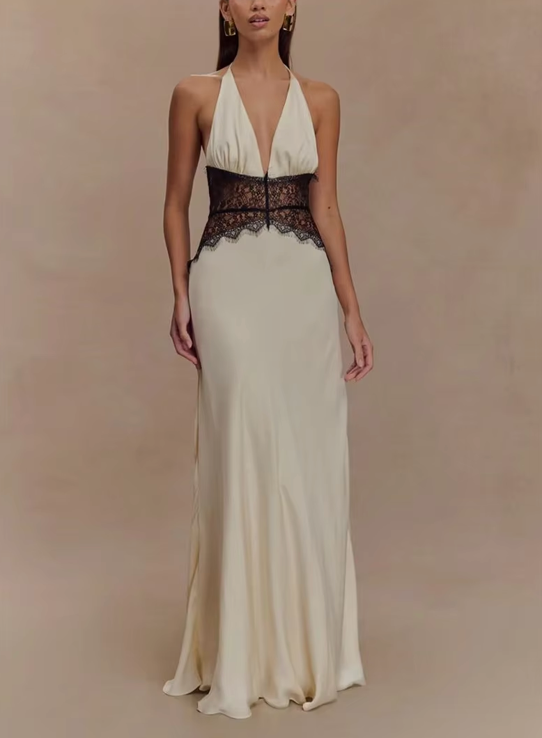 LEILA HALTER V NECK MAXI DRESS WITH LACE - Seldom Seen Styles