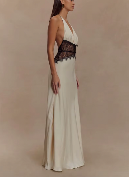 LEILA HALTER V NECK MAXI DRESS WITH LACE - Seldom Seen Styles