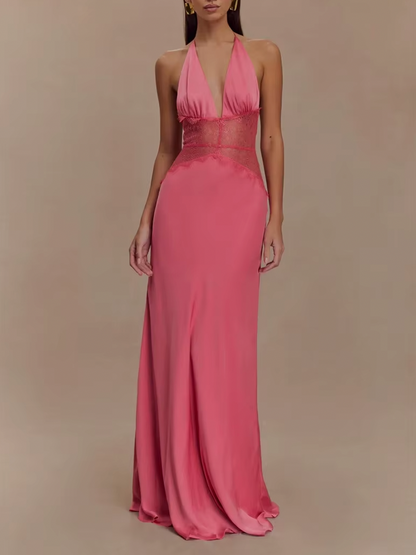 LEILA HALTER V NECK MAXI DRESS WITH LACE - Seldom Seen Styles