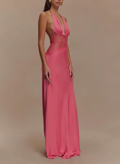 LEILA HALTER V NECK MAXI DRESS WITH LACE - Seldom Seen Styles