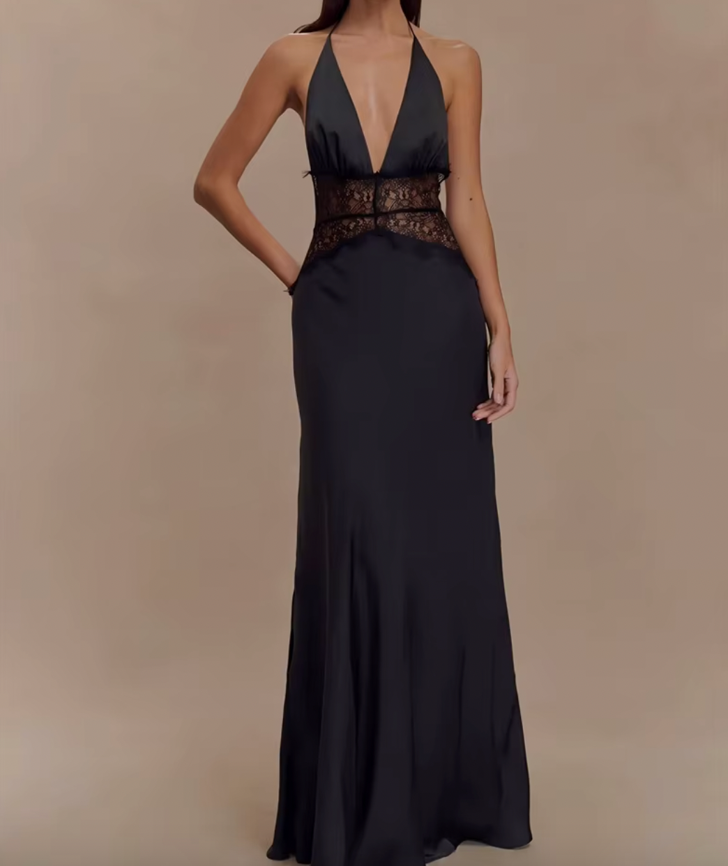 LEILA HALTER V NECK MAXI DRESS WITH LACE - Seldom Seen Styles