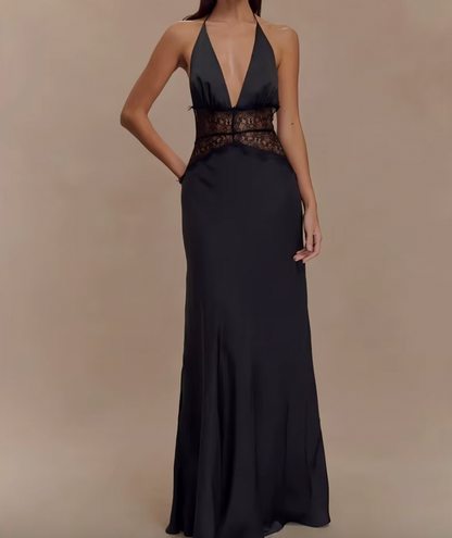LEILA HALTER V NECK MAXI DRESS WITH LACE - Seldom Seen Styles