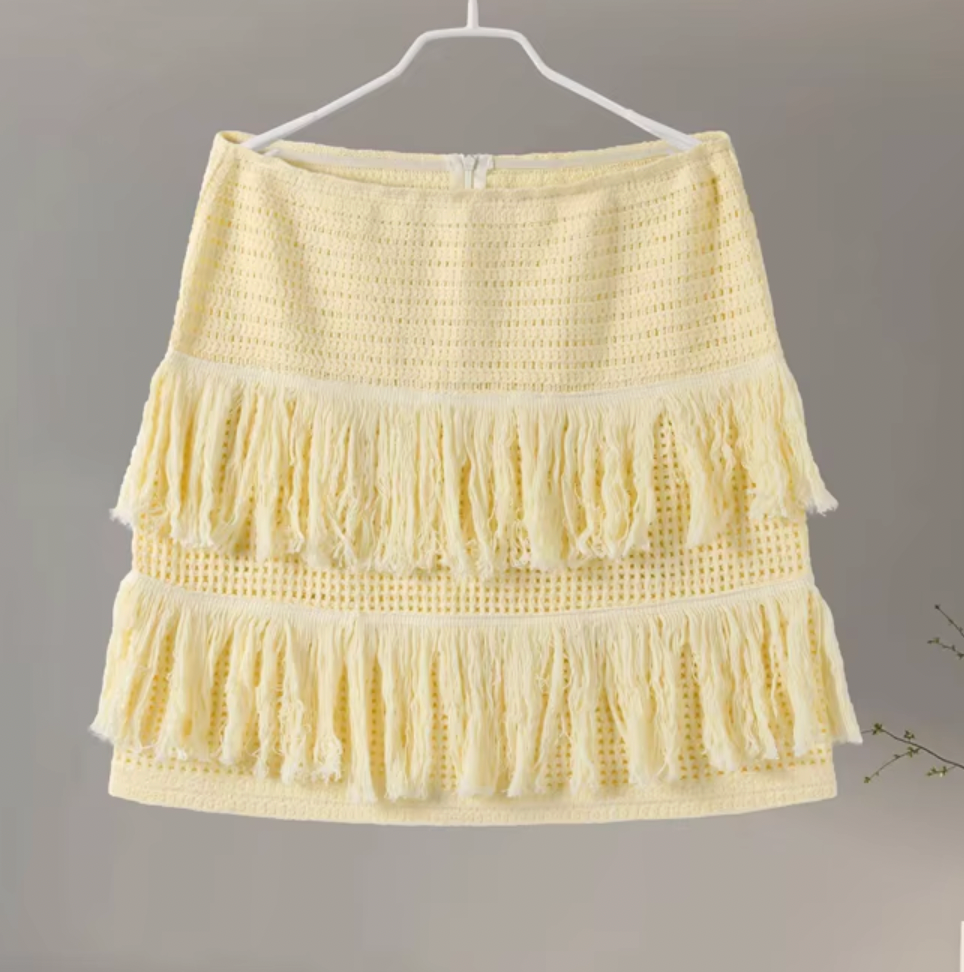 ELOWIN TWO PC SET CROCHET TOP AND FRINGE SKIRT - Seldom Seen Styles