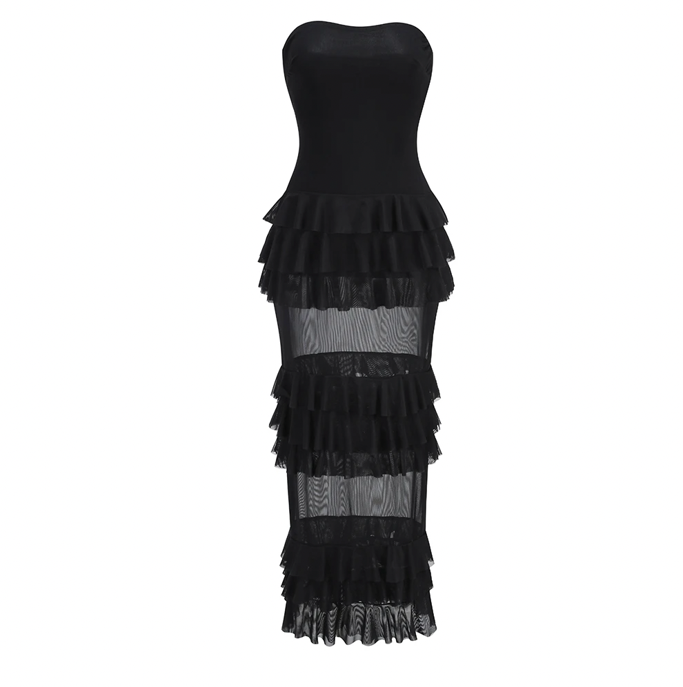 KIMBERLY STRAPLESS MESH RUFFLE DRESS - Seldom Seen Styles