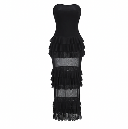 KIMBERLY STRAPLESS MESH RUFFLE DRESS - Seldom Seen Styles