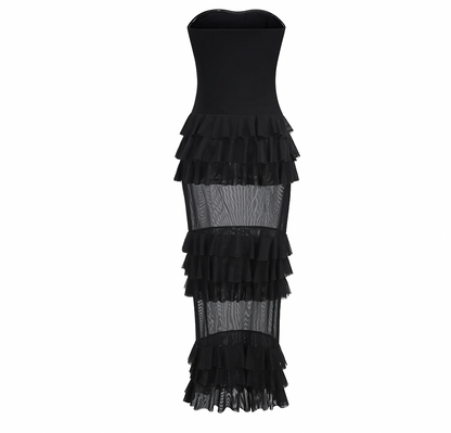 KIMBERLY STRAPLESS MESH RUFFLE DRESS - Seldom Seen Styles