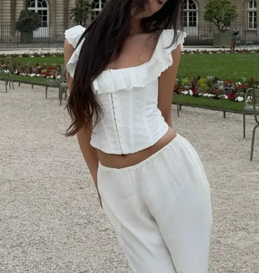 LEILA EYELET CORSET RUFFLE TOP - Seldom Seen Styles