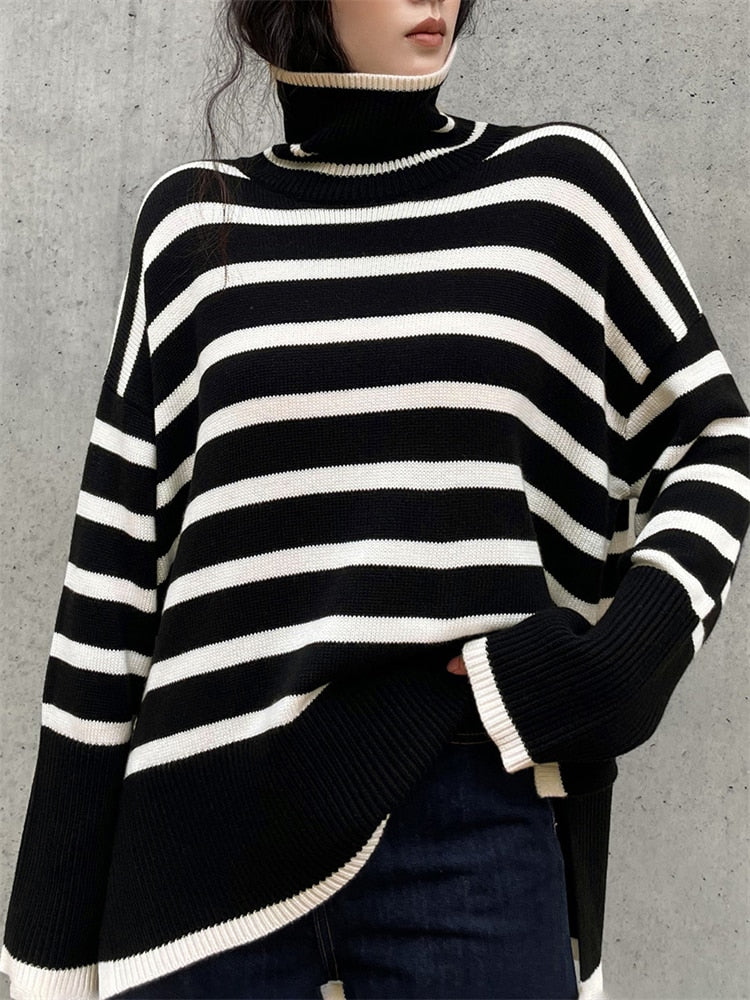 Tracy - Oversized Striped Turtleneck Sweater - Seldom Seen Styles