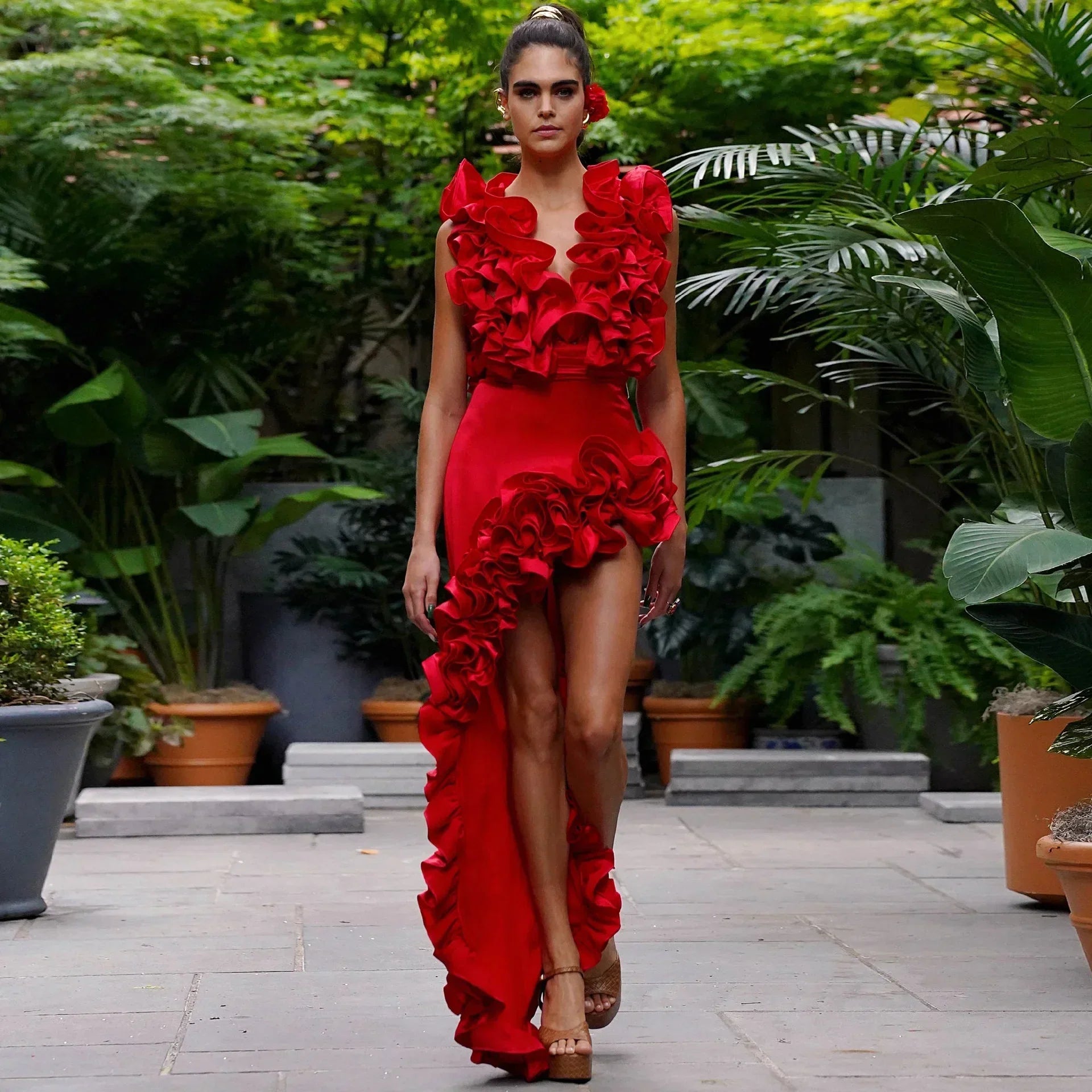 Red Flower Bodysuit and side slit maxi skirt - Seldom Seen Styles