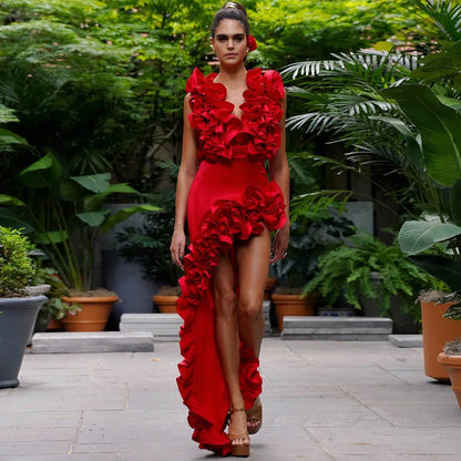 Red Flower Bodysuit and side slit maxi skirt - Seldom Seen Styles