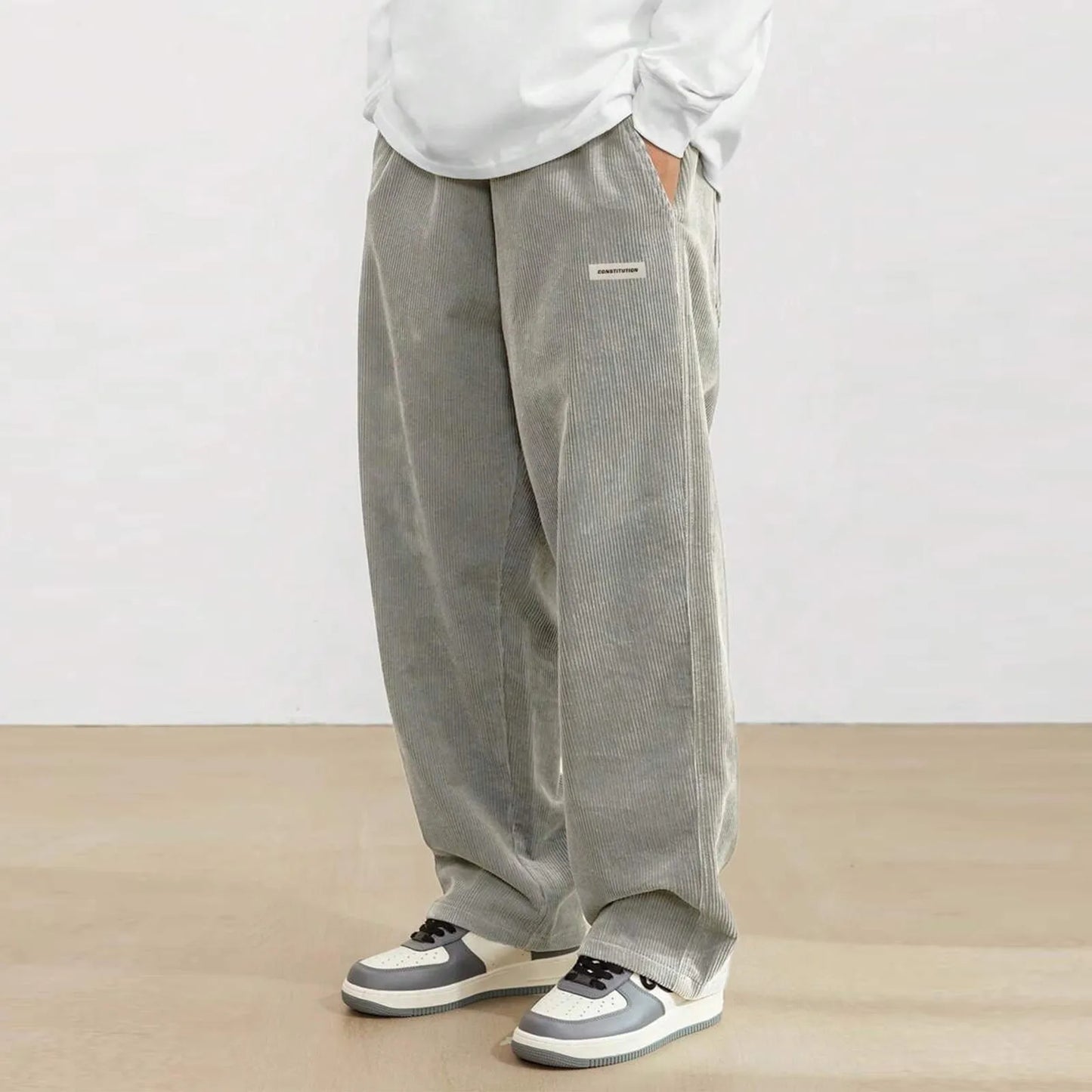 Men's Corduroy Pants Casual Drawstring Elastic Waist Straight Leg Sweatpants with Pockets