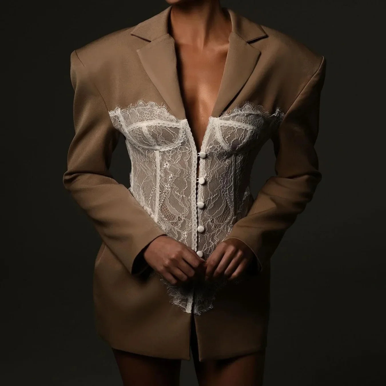 Secrets Lace-embellished collarless suit jacket - Seldom Seen Styles
