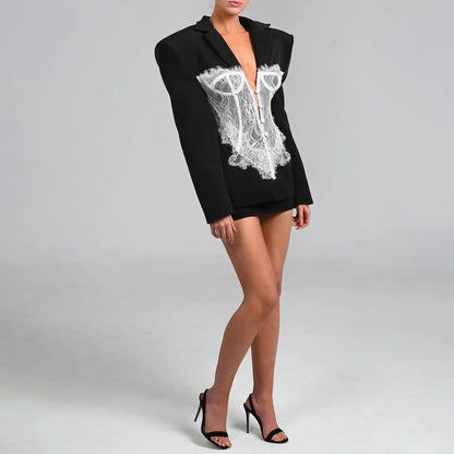 Secrets Lace-embellished collarless suit jacket - Seldom Seen Styles