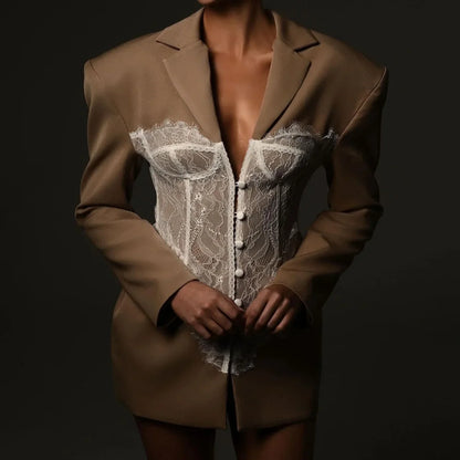 Secrets Lace-embellished collarless suit jacket - Seldom Seen Styles