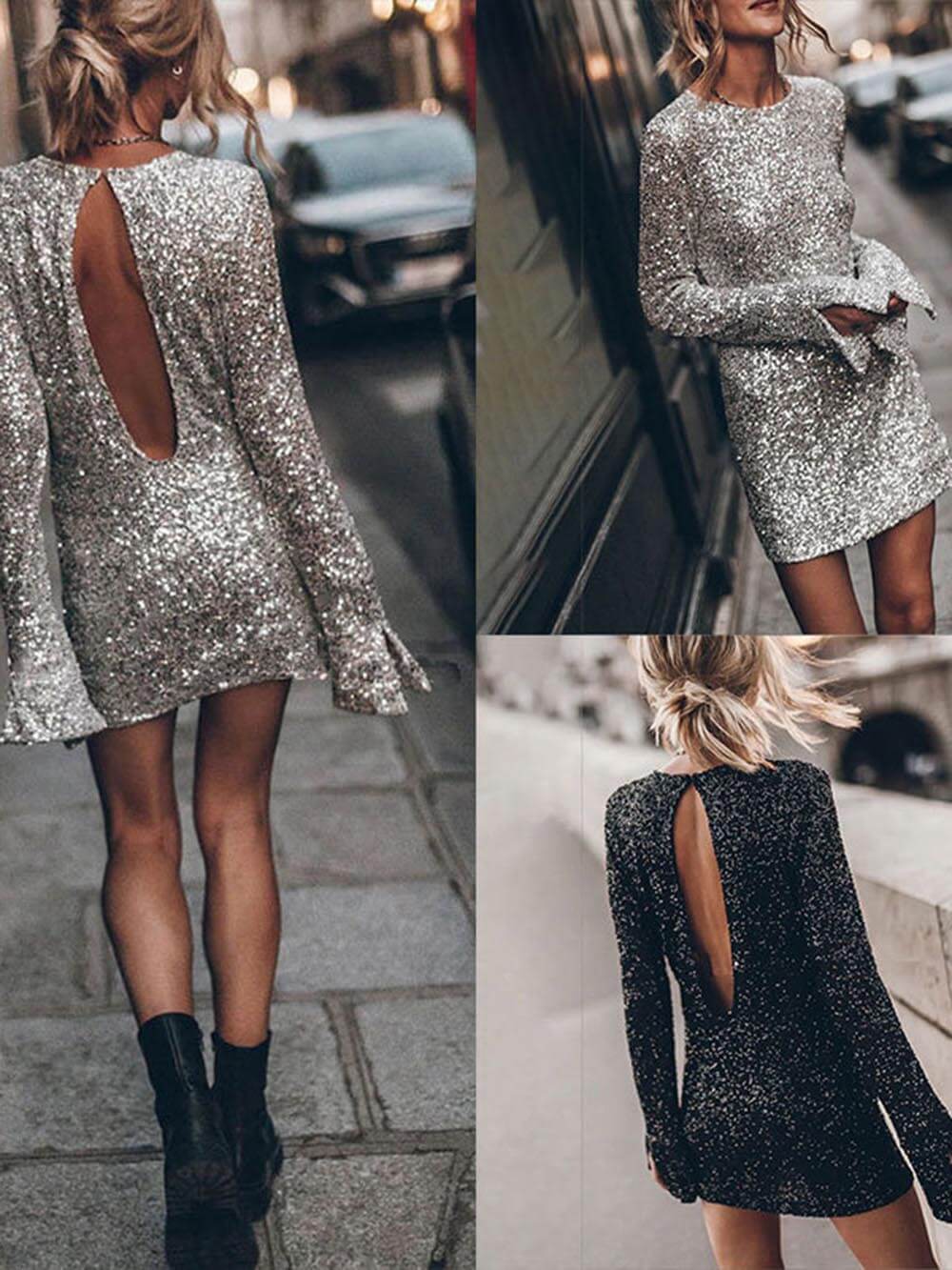Sequined Personality Casual Long-Sleeved Hip-Hugging Mini Dress - Seldom Seen Styles
