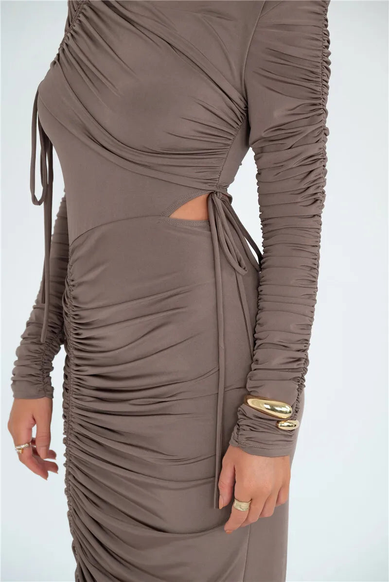 Serene Ruched Maxi Long Sleeve Half-High Collar Long Spring Dresses - Seldom Seen Styles