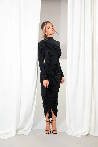 Serene Ruched Maxi Long Sleeve Half-High Collar Long Spring Dresses - Seldom Seen Styles