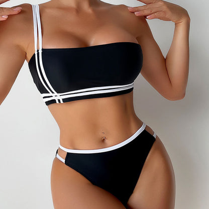 Sexy Cut Out Cheeky Contrast One Shoulder Brazilian Two Piece Bikini Swimsuit - Seldom Seen Styles