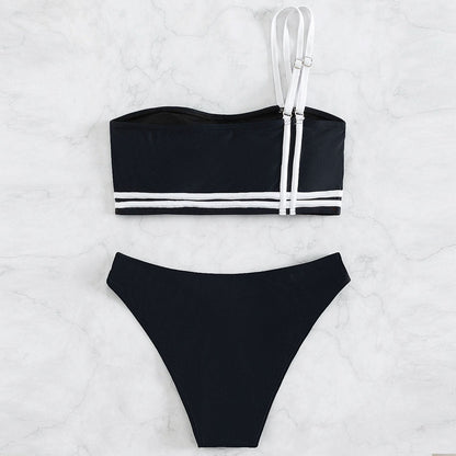 Sexy Cut Out Cheeky Contrast One Shoulder Brazilian Two Piece Bikini Swimsuit - Seldom Seen Styles