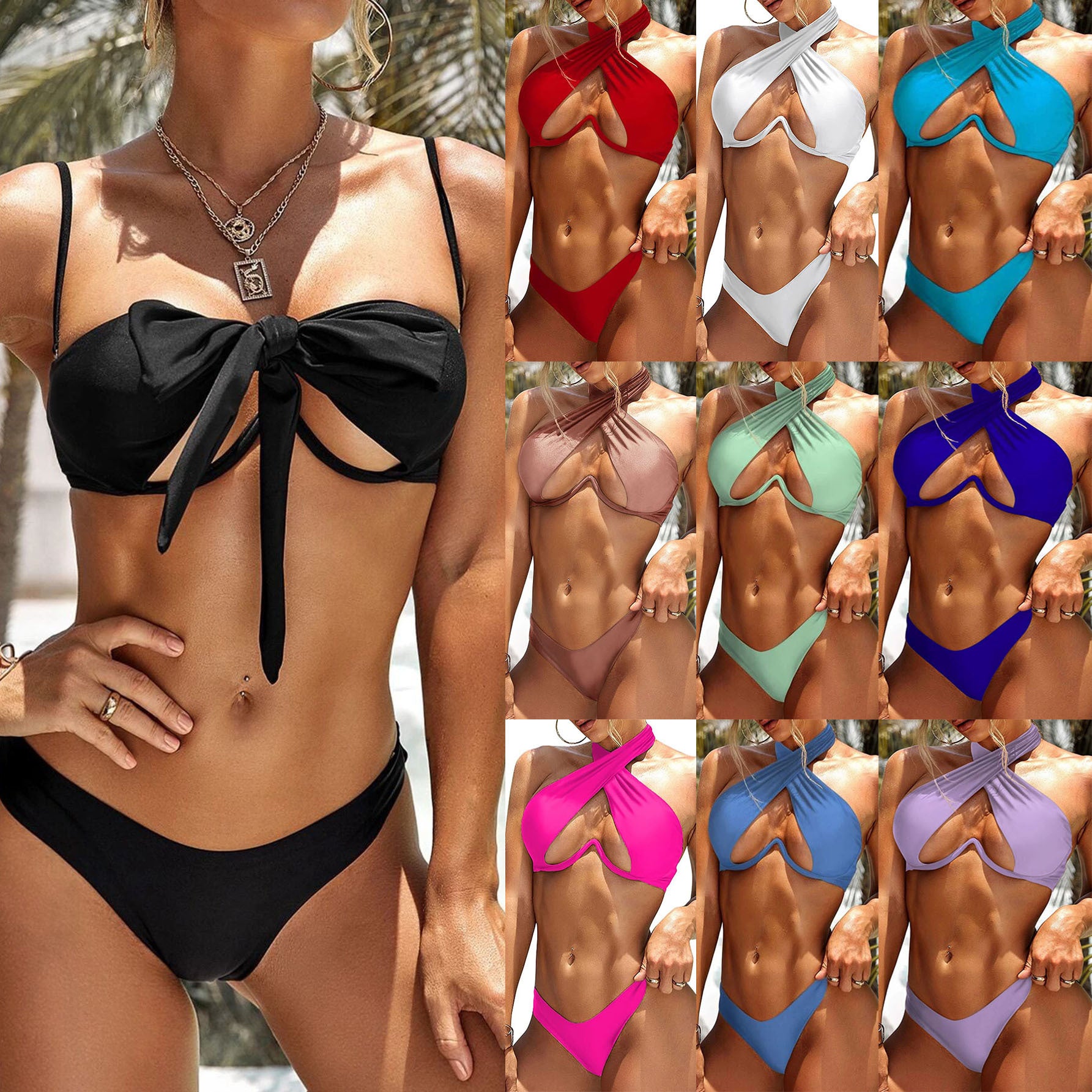 Sexy Cute Underwire Cutout Halter Bikini Swimsuit Set Women Criss Cross Bathing Suit 2 Piece - Seldom Seen Styles