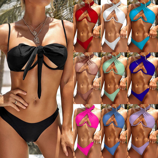 Sexy Cute Underwire Cutout Halter Bikini Swimsuit Set Women Criss Cross Bathing Suit 2 Piece - Seldom Seen Styles