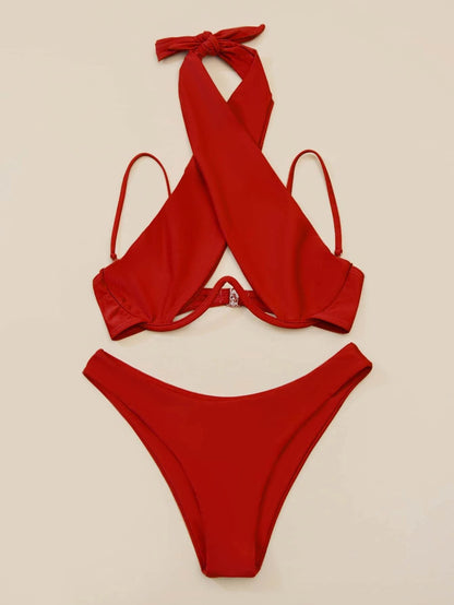 Sexy Cute Underwire Cutout Halter Bikini Swimsuit Set Women Criss Cross Bathing Suit 2 Piece - Seldom Seen Styles