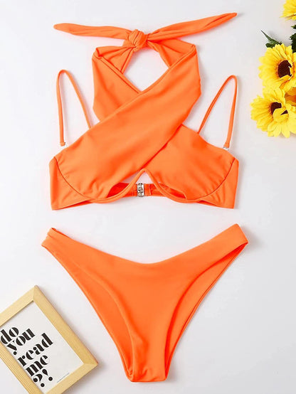 Sexy Cute Underwire Cutout Halter Bikini Swimsuit Set Women Criss Cross Bathing Suit 2 Piece - Seldom Seen Styles