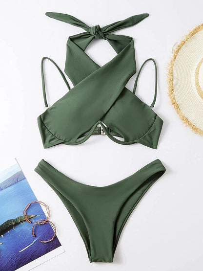 Sexy Cute Underwire Cutout Halter Bikini Swimsuit Set Women Criss Cross Bathing Suit 2 Piece - Seldom Seen Styles