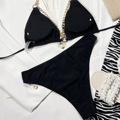 Sexy Cutout High Cut Metal Chain Triangle Brazilian Two Piece Bikini Swimsuit - Seldom Seen Styles