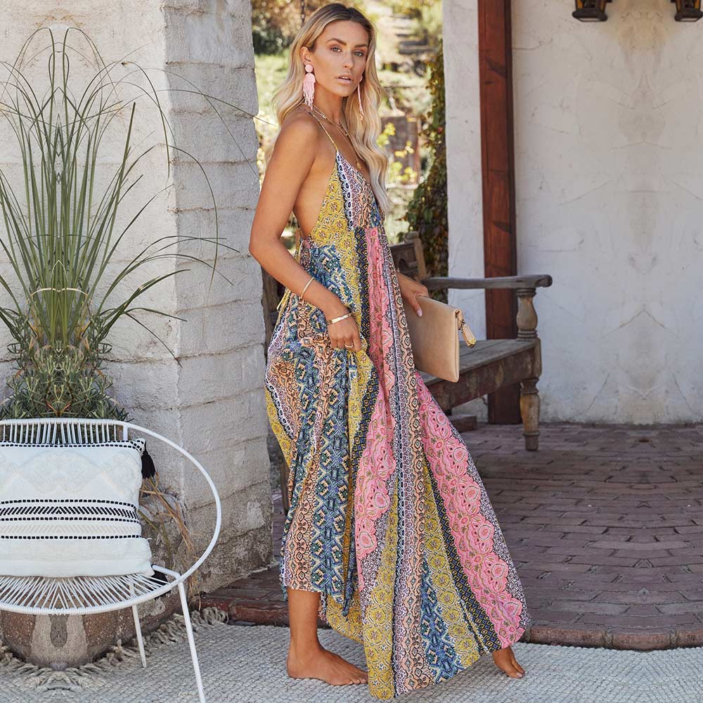Sexy Deep V Neck Bohemian Print Maxi Dress - Seldom Seen Styles