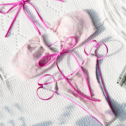 Sexy Floral Jacquard Strappy Cheeky Halter Brazilian Two Piece Bikini Swimsuit - Seldom Seen Styles