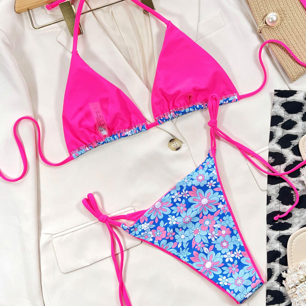 Sexy Floral Neon Tie String Cheeky Slide Triangle Brazilian Two Piece Bikini Swimsuit - Seldom Seen Styles
