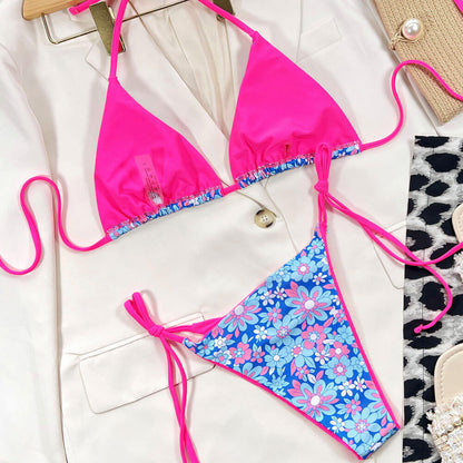 Sexy Floral Neon Tie String Cheeky Slide Triangle Brazilian Two Piece Bikini Swimsuit - Seldom Seen Styles