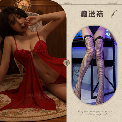 Sexy Lace Temptation Nightdress Underwire Gathered Homewear Lingerie with Slit Hot See-through Uniform - Seldom Seen Styles